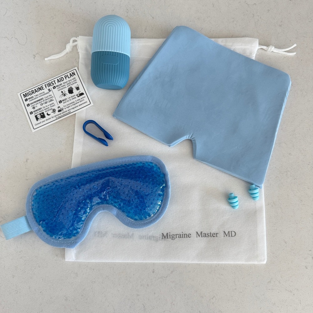 Migraine Master MD 6 Piece First Aid Relief Bundle Blue Ice Roller Eye Mask Cap